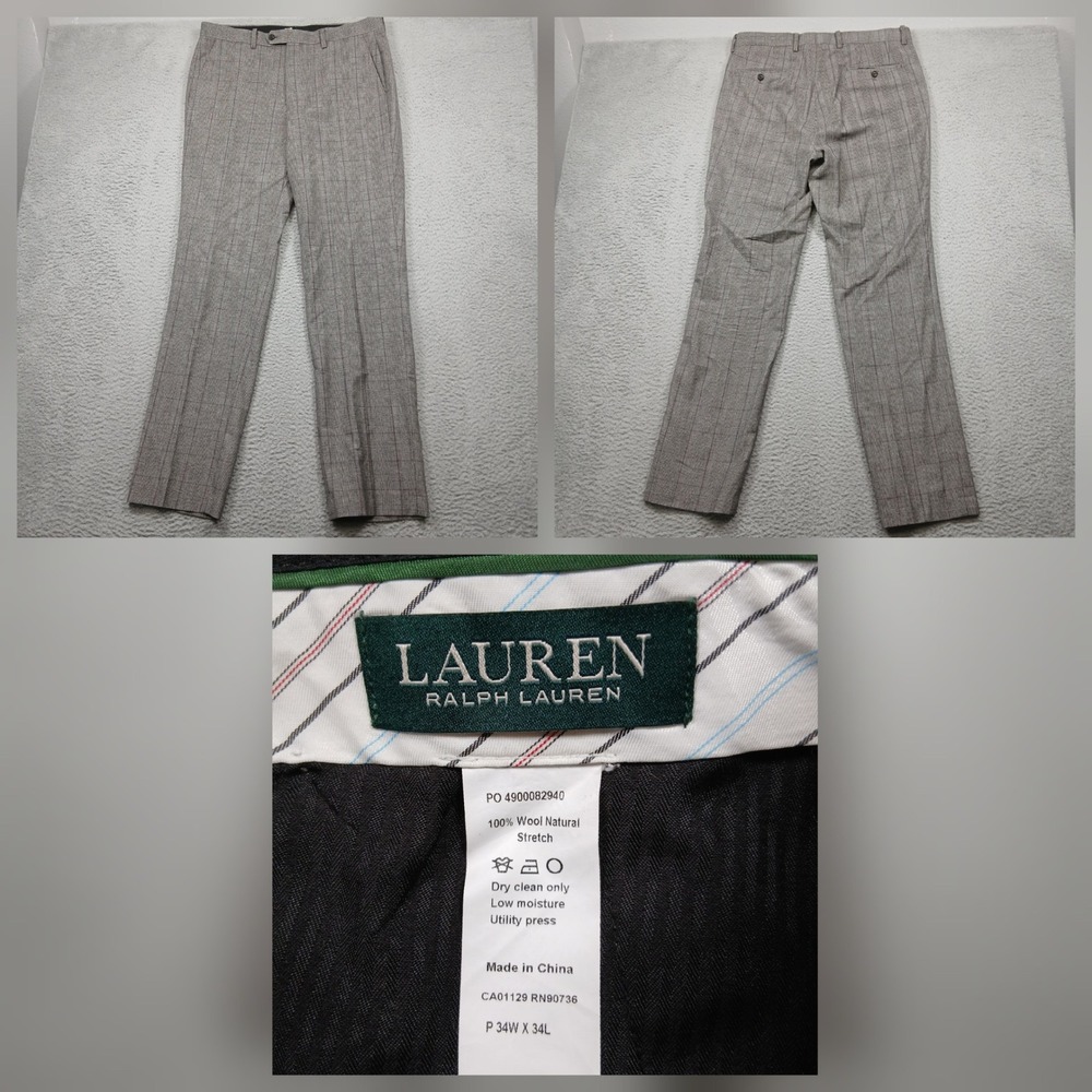 Lauren Ralph Lauren Wool Dress Pants Men's 34x34 Gray Plaid Stretch‎ Slacks